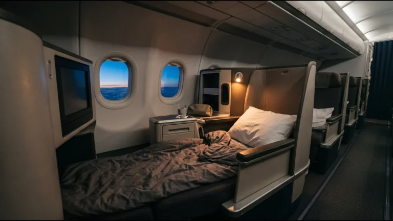 Poltrona de classe executiva reclinada como cama, com edredom e travesseiro, em cabine de avião à noite, com a janela mostrando o céu antes do amanhecer