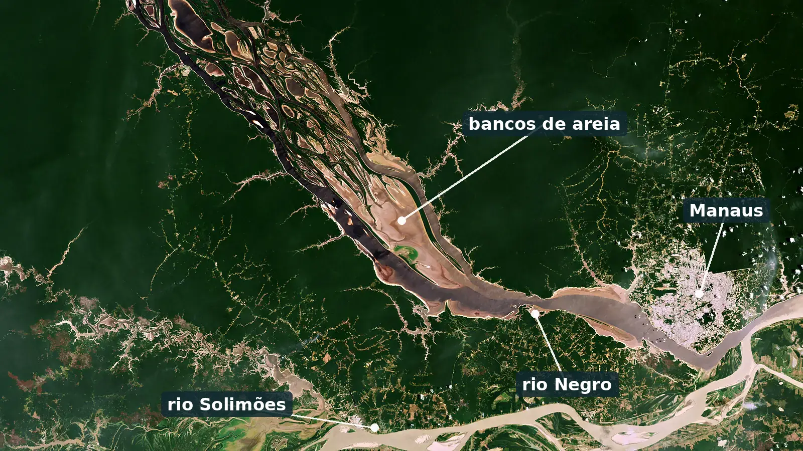Imagem de satélite do rio Negro ao lado de Manaus na seca de outubro de 2023, com rótulos indicando Manaus, o rio Negro, o rio Solimões e os bancos de areia expostos no leito