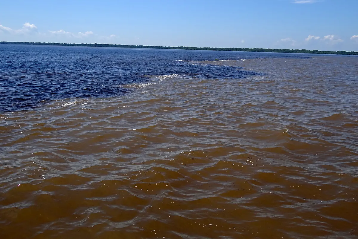 Encontro das Águas perto de Manaus, com a água mais escura e azulada do rio Negro ao lado da água barrenta do Solimões, sob céu azul
