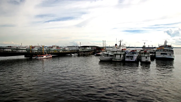 Cais flutuante do Porto de Manaus visto do rio Negro, com a ponte de acesso à esquerda e barcos de passageiros atracados à direita, sob céu nublado, em janeiro de 2009