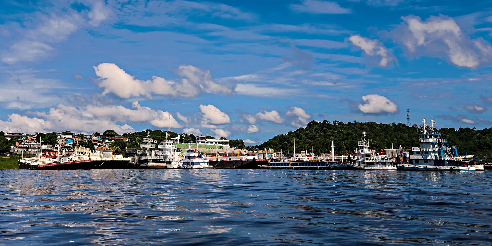 Porto da Ceasa, em Manaus, visto do rio Negro, com balsas e empurradores atracados na margem e casas e mata ao fundo, em janeiro de 2017