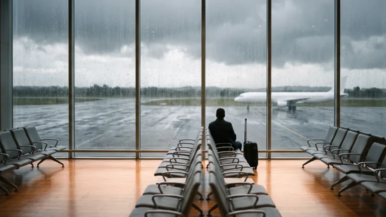 Sala de embarque de aeroporto com fileiras de assentos vazios, chuva escorrendo na janela de vidro e um viajante de costas com mala de mão esperando o voo