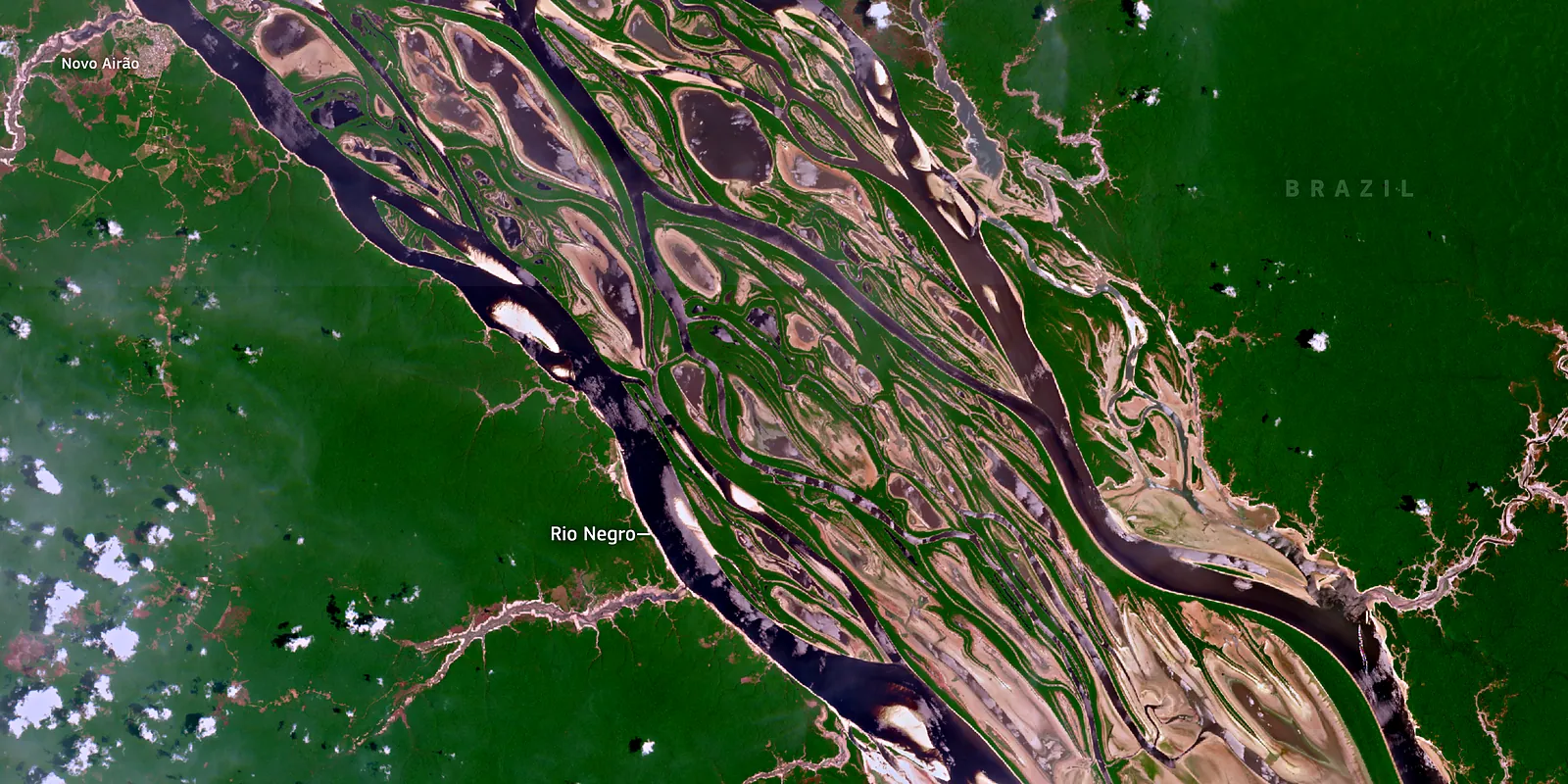 Imagem de satélite do rio Negro na seca de outubro de 2024, com bancos de areia claros entre canais escuros e a floresta nas margens, no arquipélago de Anavilhanas
